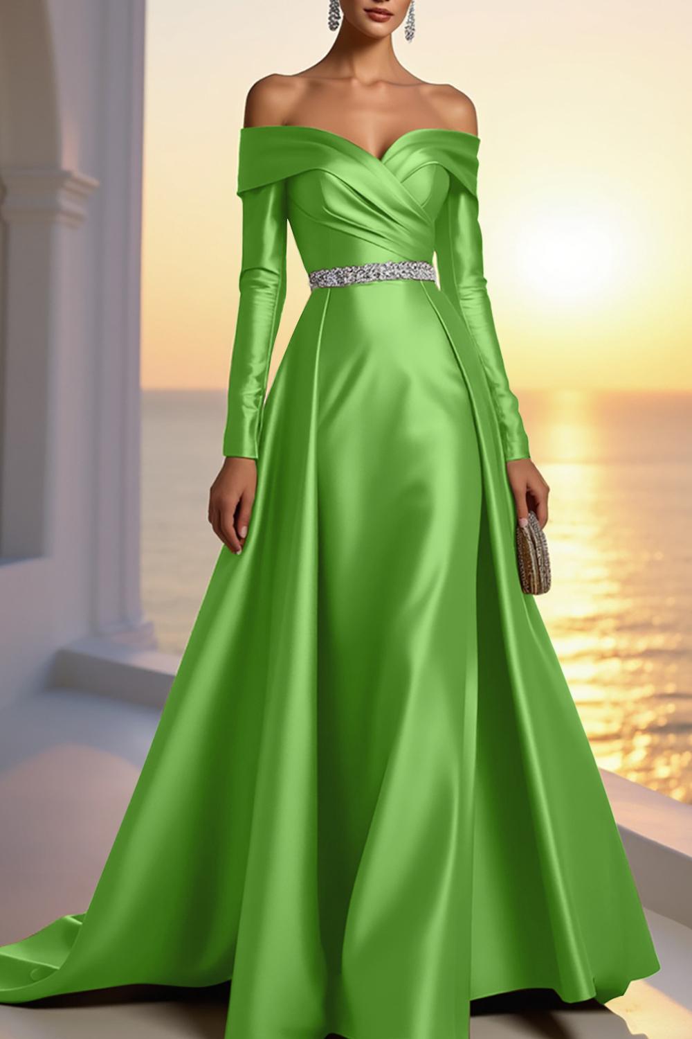 Formal Gold Satin Dress Off The Shoulder Long Sleeve Maxi Gown