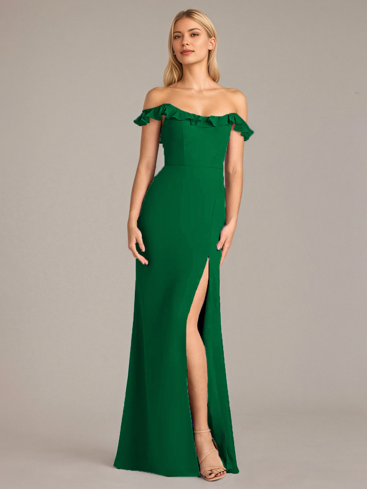 Sheath/Column Chiffon Off The Shoulder Sleeveless Floor Length Dresses With Ruffles