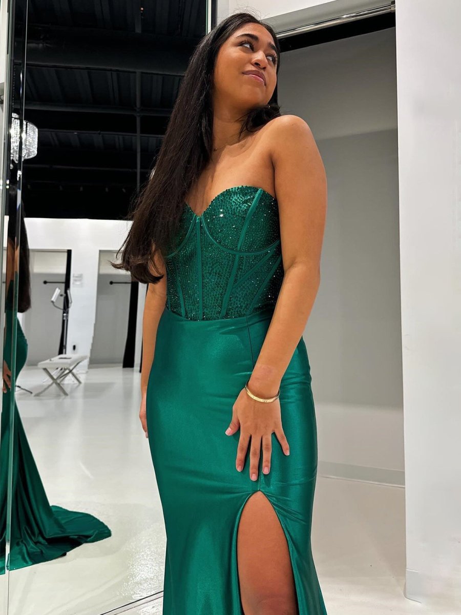 Blue Mermaid Spaghetti Straps Beaded Sweetheart Long Prom Dress with Slit