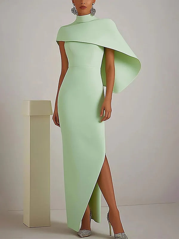 Chic Party Dress Sage Green High Neck Cape Asymmetric Maxi Dress