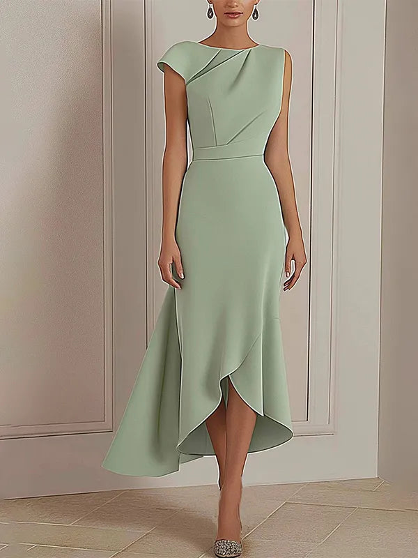 Daily Party Dress Sage Green Round Neck Asymmetric Midi Dress