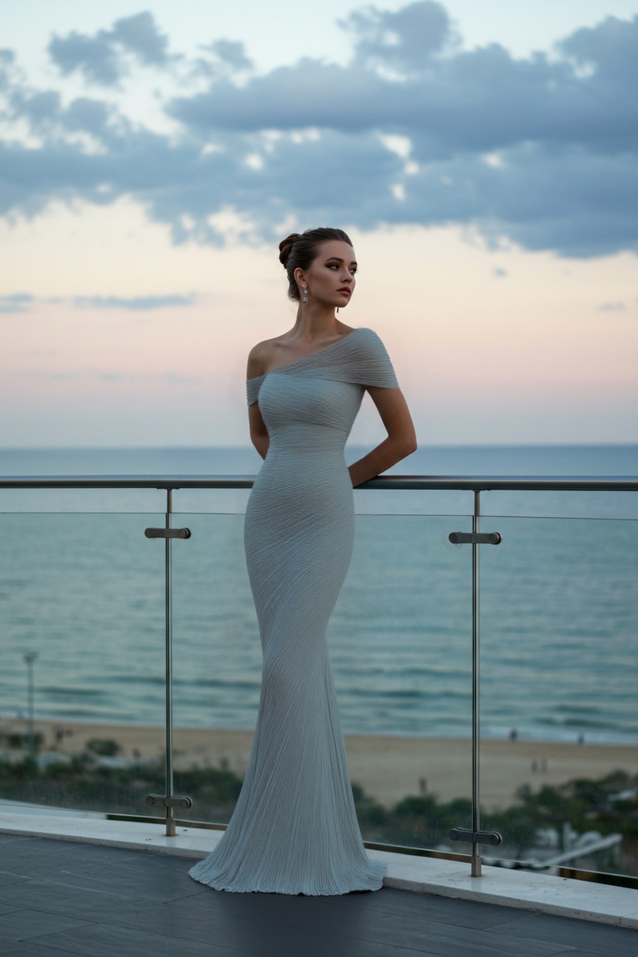 Evening Prom Light Blue Gown One Shoulder Glitter Ruched Maxi Dress