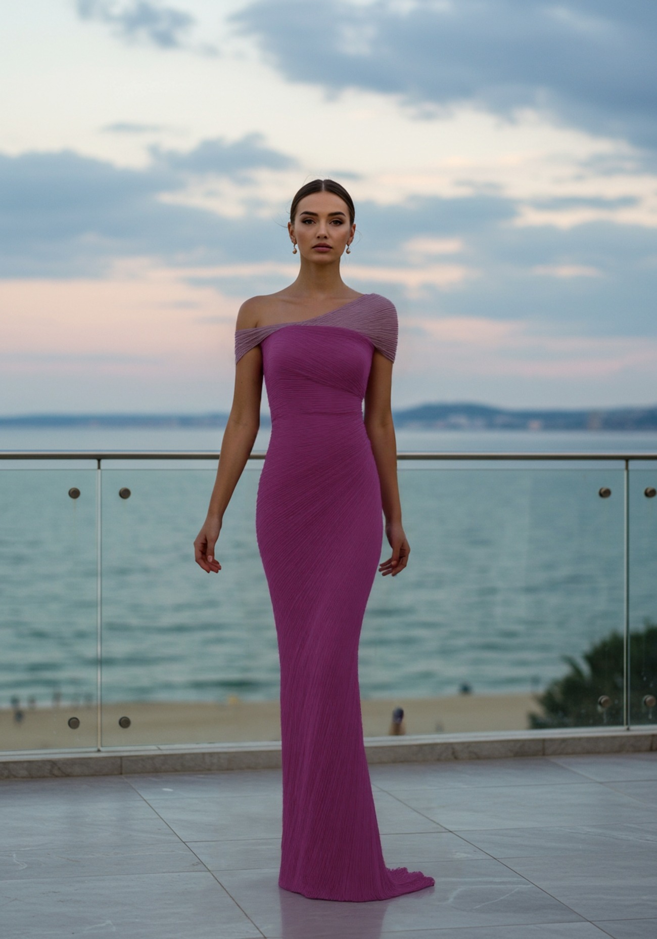 Evening Prom Light Blue Gown One Shoulder Glitter Ruched Maxi Dress