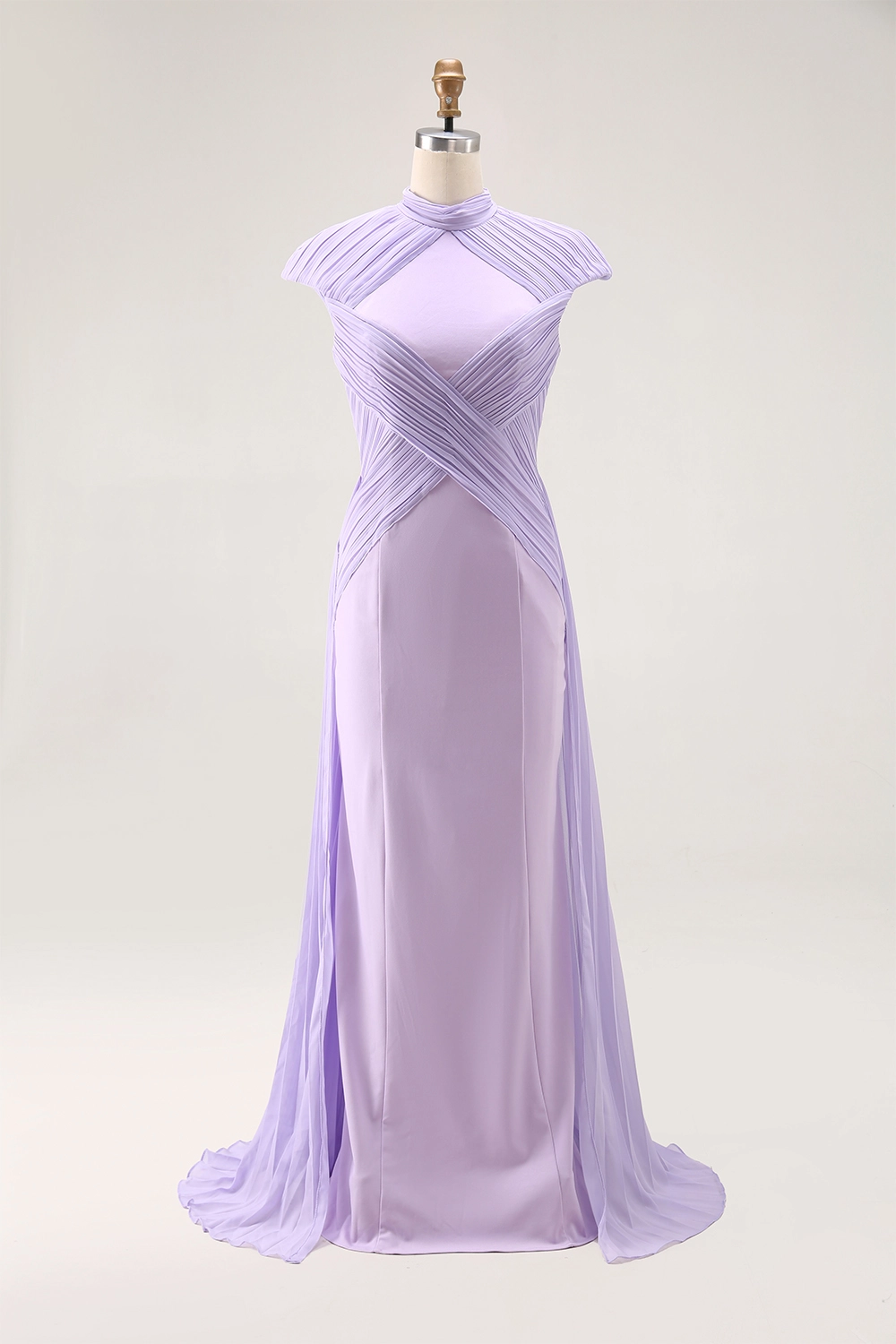 Formal Evening Dress Purple Stand Collar Pleated Train Maxi Gown