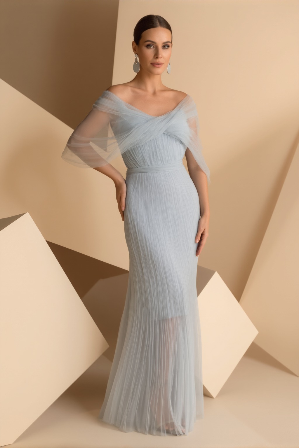 Wedding Guest Party Dress Light Blue Mesh Off The Shoulder Floor Dress