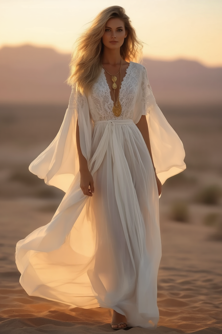 Bohemian Swing Dress White Deep V Lace Maxi Dress
