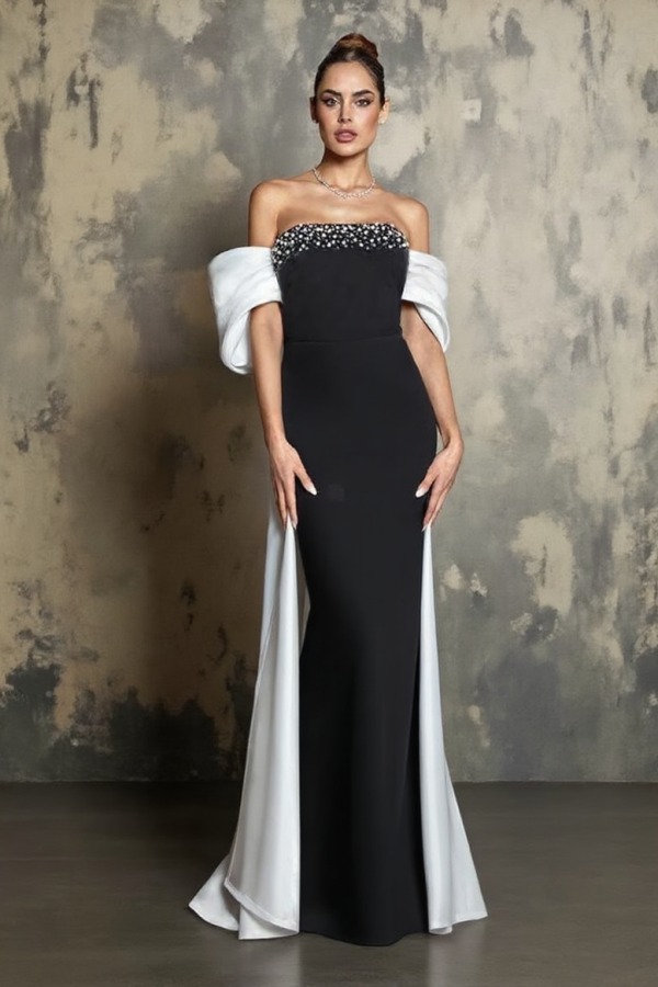 Formal Evening Dress Black White Strapless Maxi Dress
