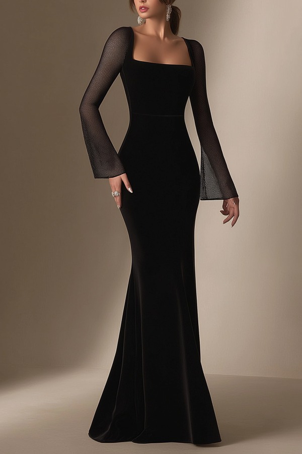 Formal Evening Velvet Dress Black Square Neck Mesh Sleeve Maxi Dress