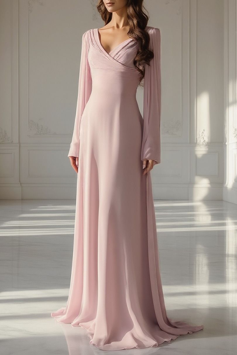Formal Evening Dress Pink V Neck Maxi Dress