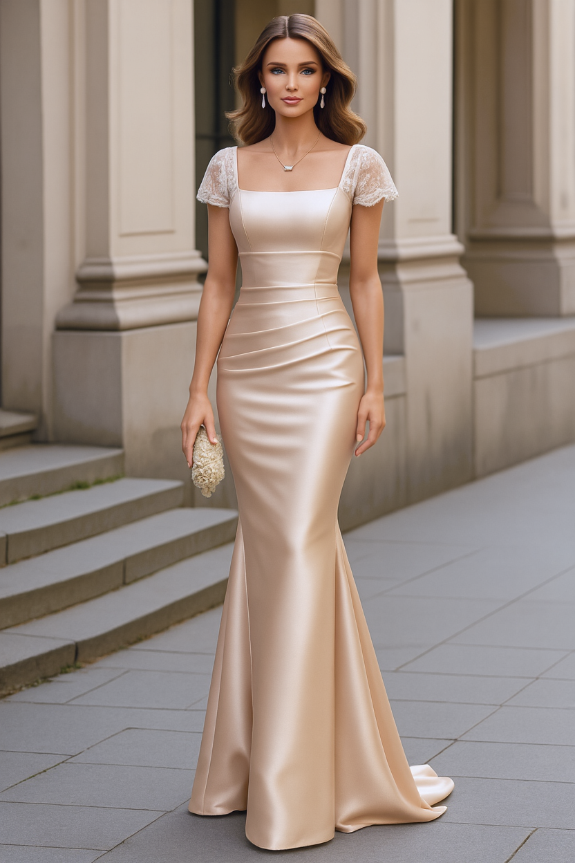 Formal ​Wedding Guest Dress Golden Square Neck Satin Maxi Dress