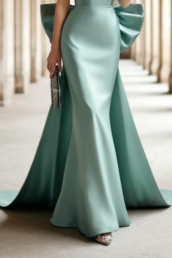 Formal ​Evening Dress Green Wide Strape with Train Bow Maxi Dress