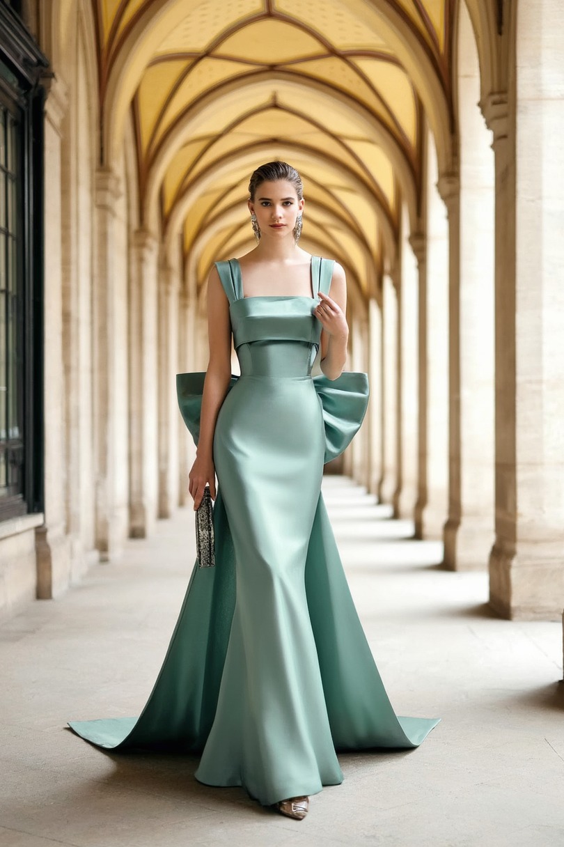 Formal ​Evening Dress Green Wide Strape with Train Bow Maxi Dress
