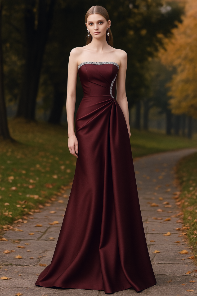 Formal ​Evening Dress Burgundy Strapless Rhinestones Maxi Dress