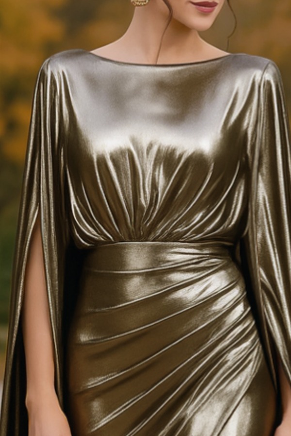 Wedding Guest Dress Green Crew Neck Ruched Maxi Dress