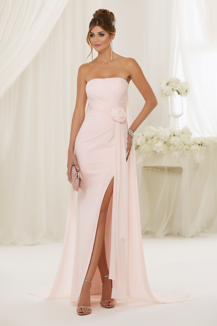 Wedding Dress Pink Strapless Floral Slit Maxi Dress