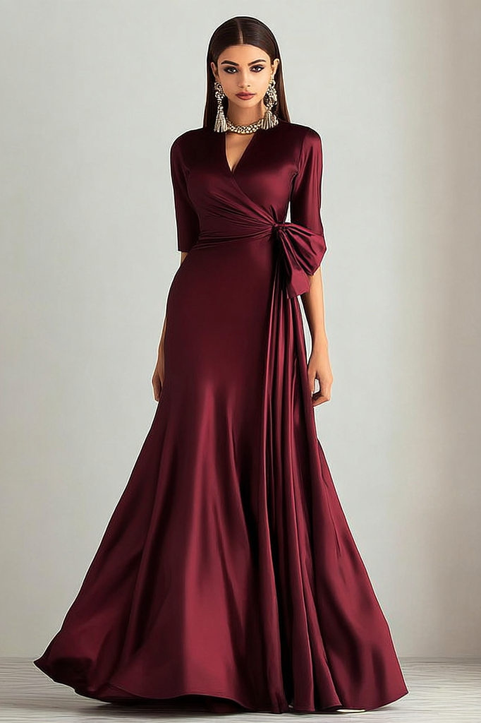 Formal ​Evening Dress Burgundy V Neck Maxi Satin Dress