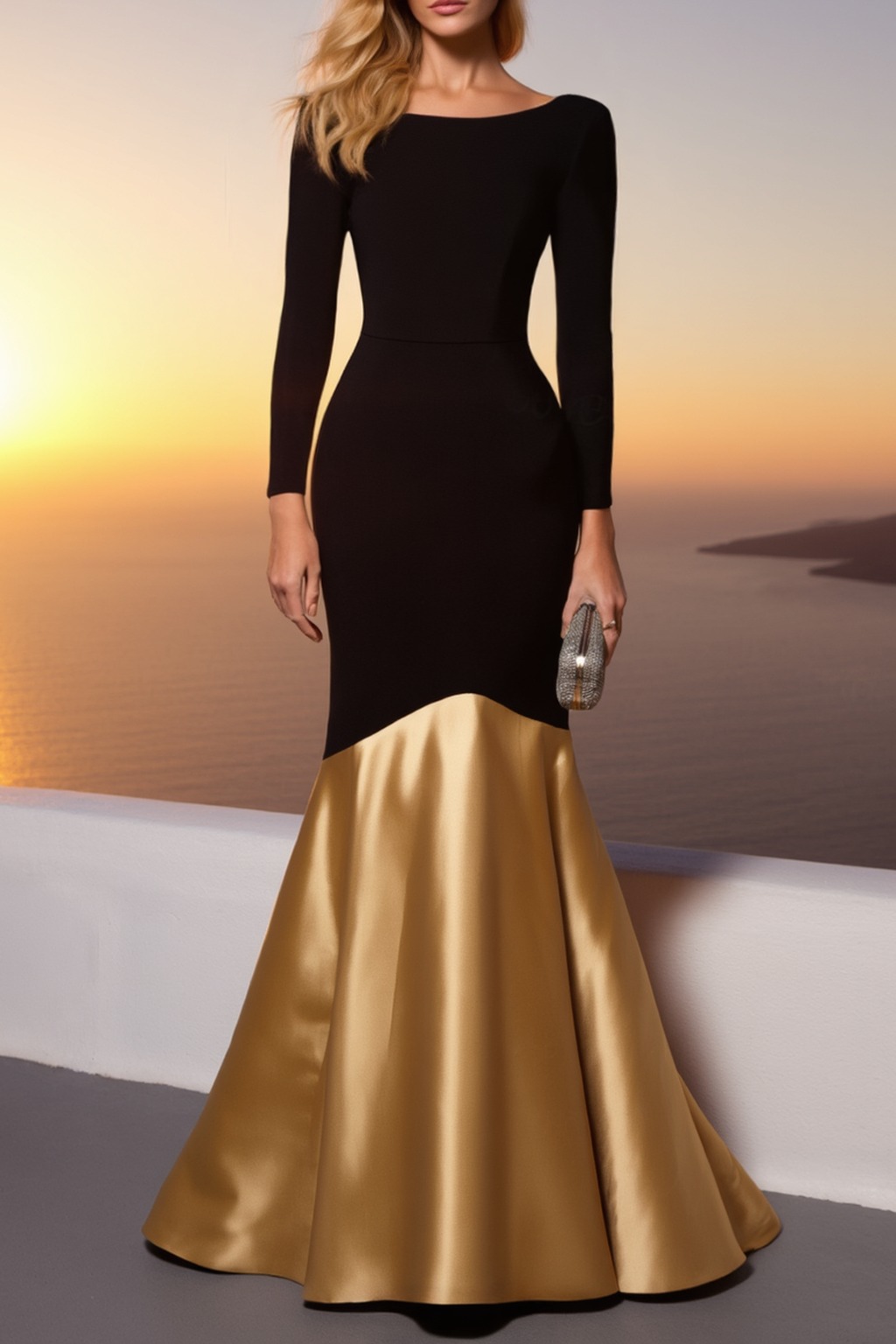 Formal ​Evening Dress Black Crew Neck Long Sleeve Maxi Mermaid Dress