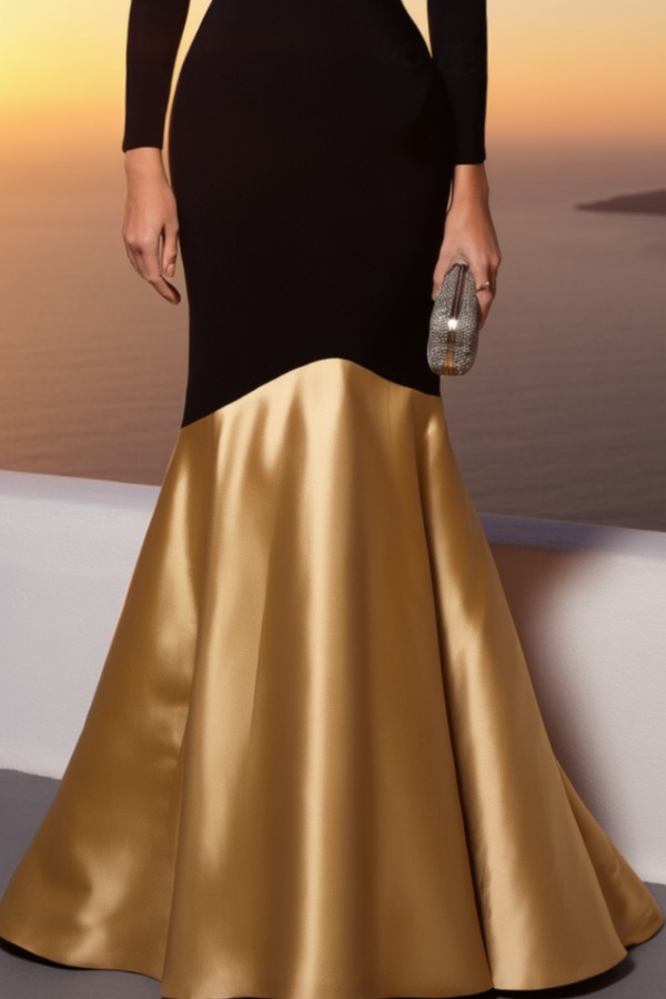 Formal ​Evening Dress Black Crew Neck Long Sleeve Maxi Mermaid Dress