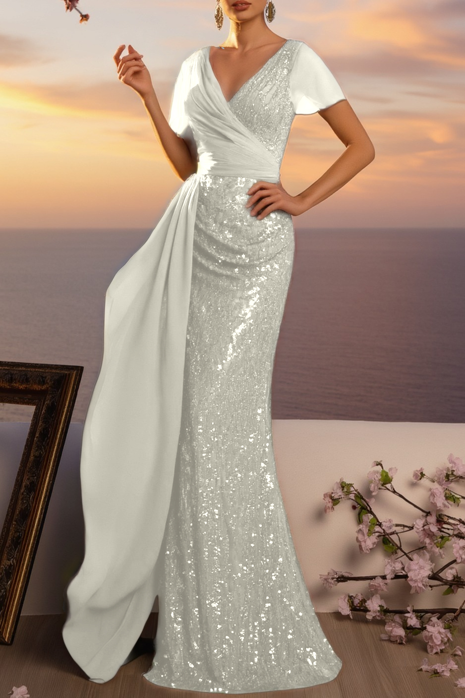 Formal ​Evening Dress Green V Neck Maxi Sequin Dress