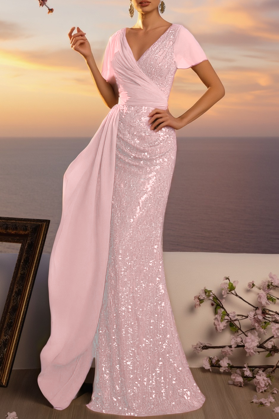 Formal ​Evening Dress Green V Neck Maxi Sequin Dress