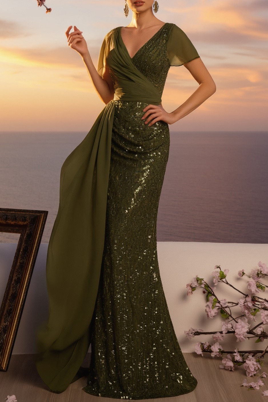 Formal ​Evening Dress Green V Neck Maxi Sequin Dress