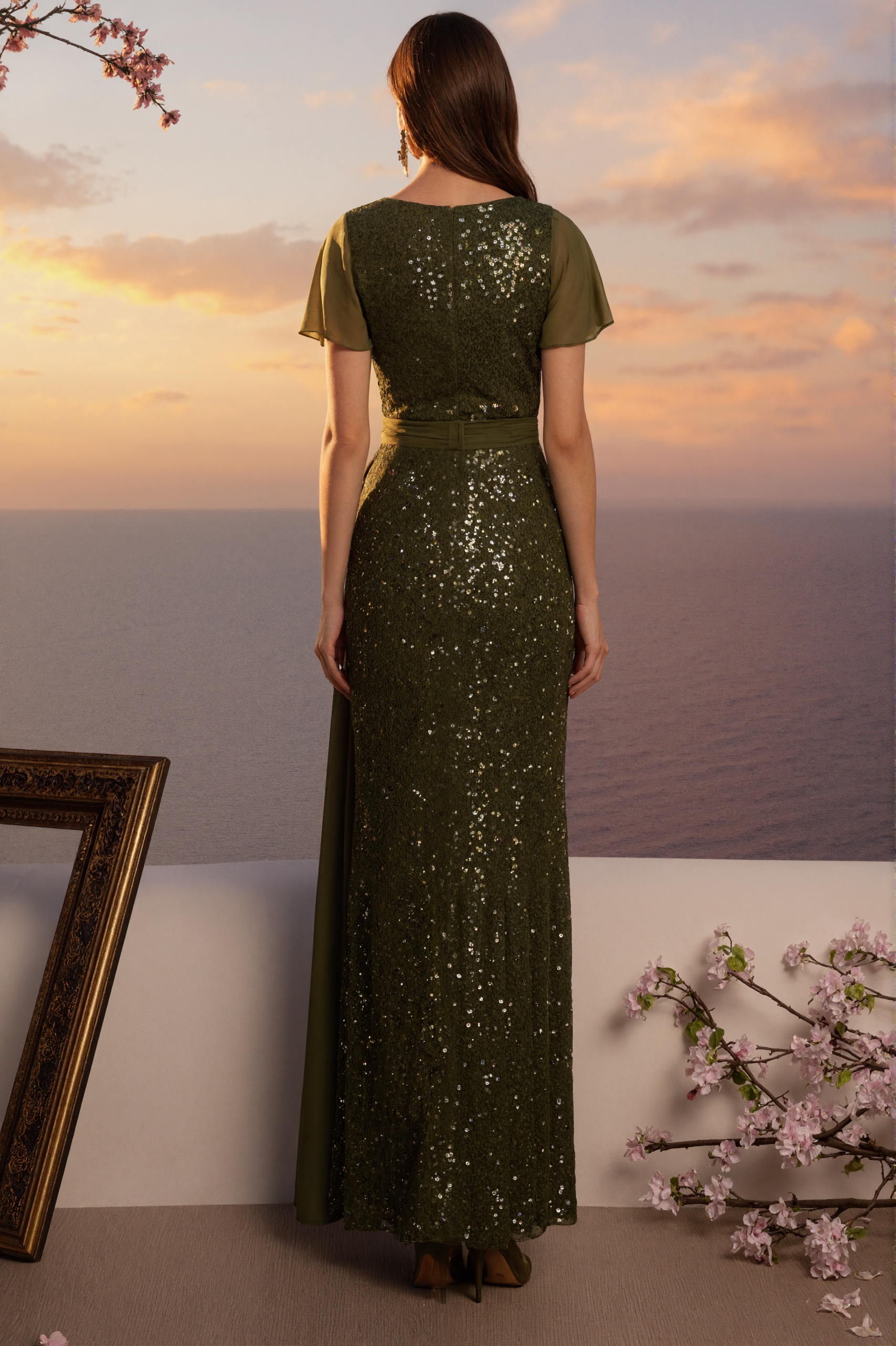 Formal ​Evening Dress Green V Neck Maxi Sequin Dress