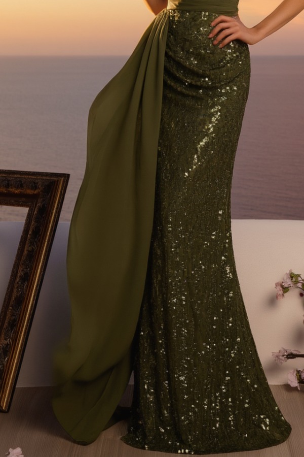 Formal ​Evening Dress Green V Neck Maxi Sequin Dress
