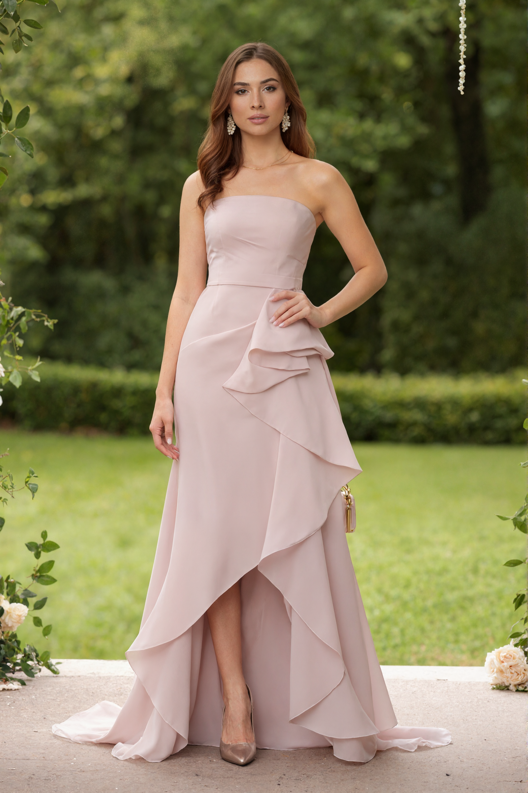 Formal Wedding Guest Dress Pink Strapless Sleeveless Maxi Dress