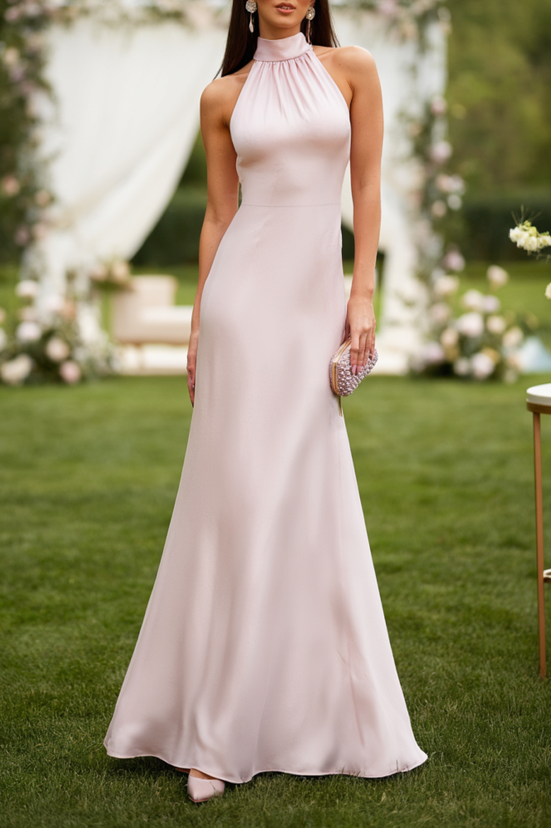 Formal Wedding Guest Dress Pink Halter Neck Sleeveless Maxi Dress