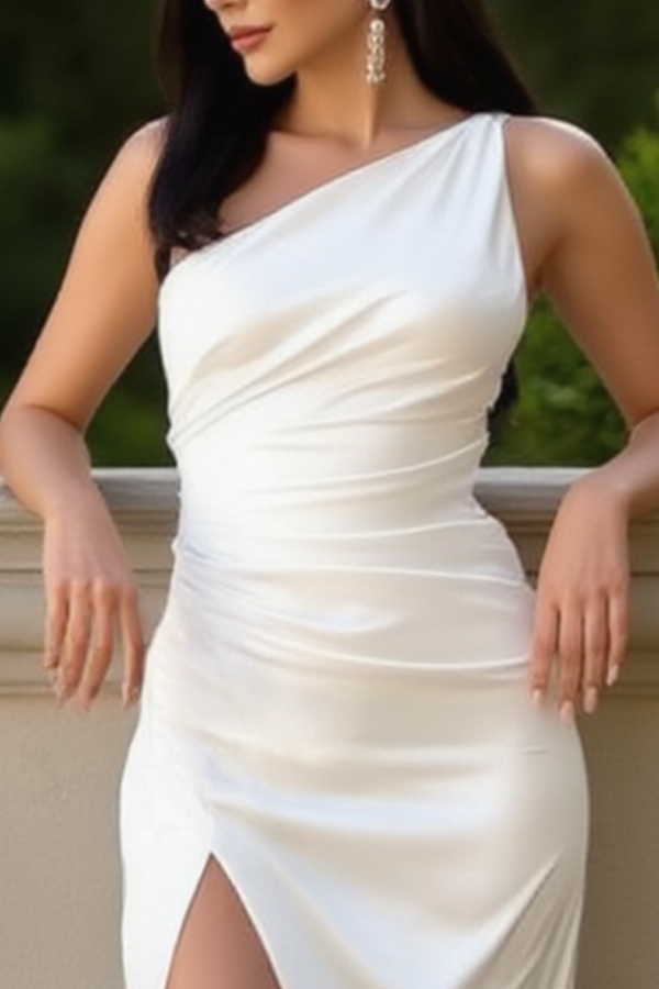 Wedding Guest Dress White One Shoulder Sleeveless Maxi Satin Dress