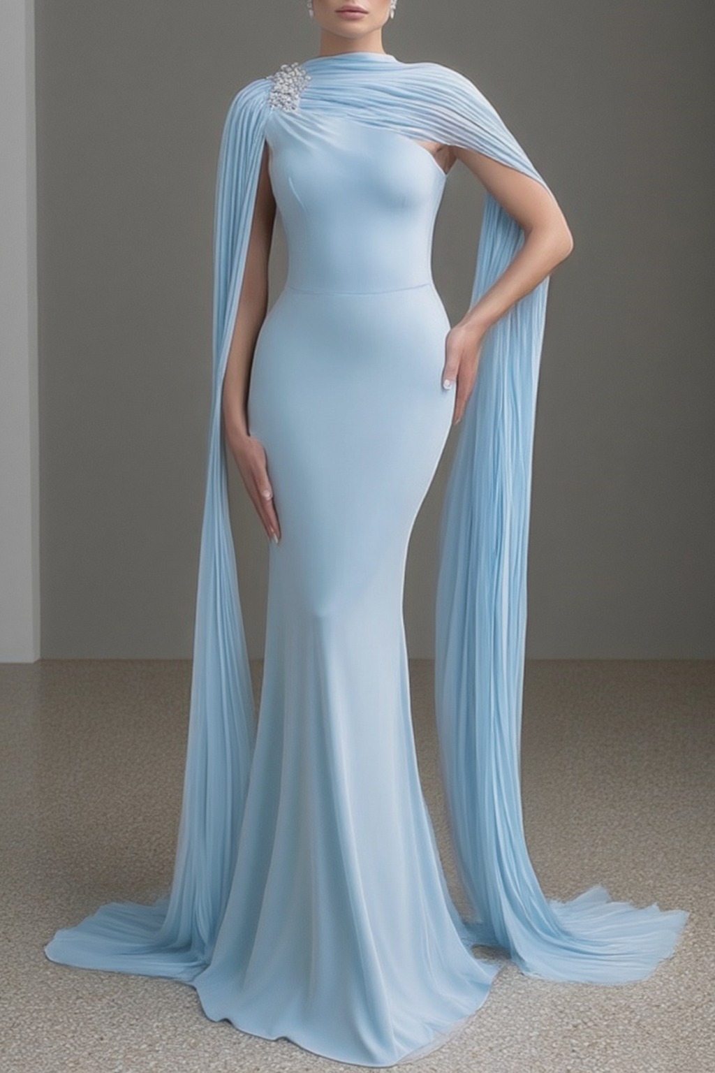 Formal ​Evening Dress Blue Cape Maxi Mermaid Dress