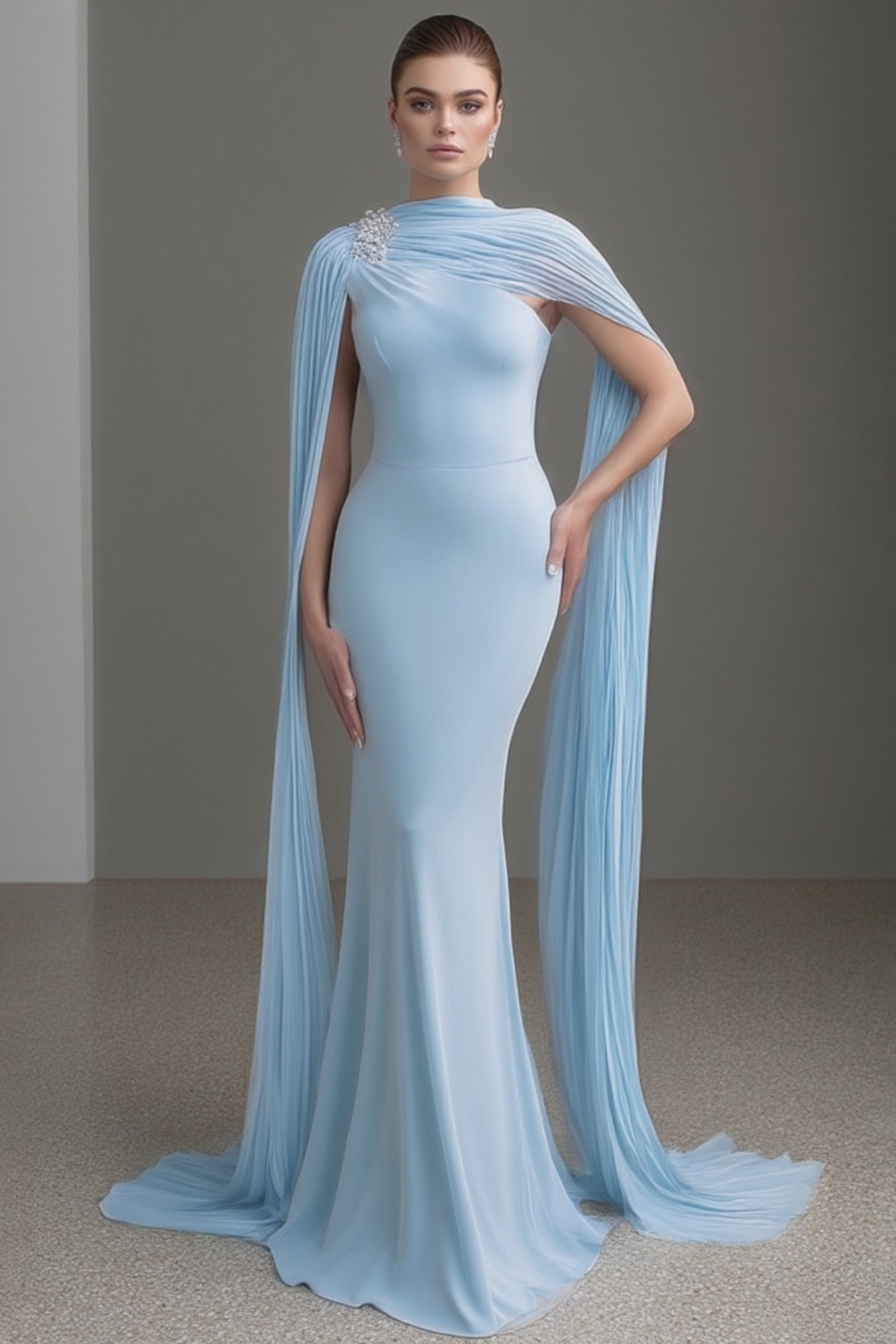 Formal ​Evening Dress Blue Cape Maxi Mermaid Dress