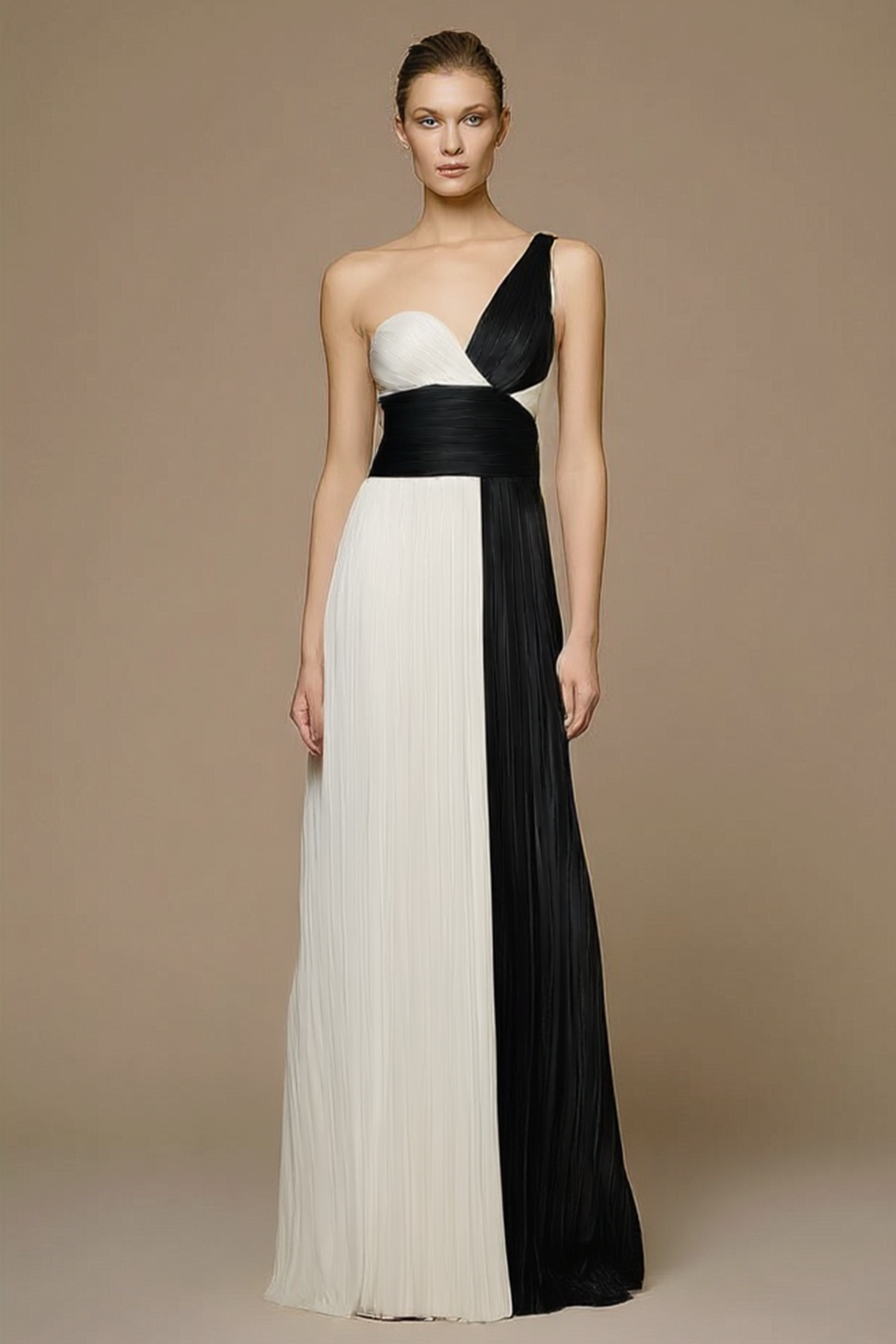 Formal ​Evening Dress Black White One Shoulder Maxi Dress