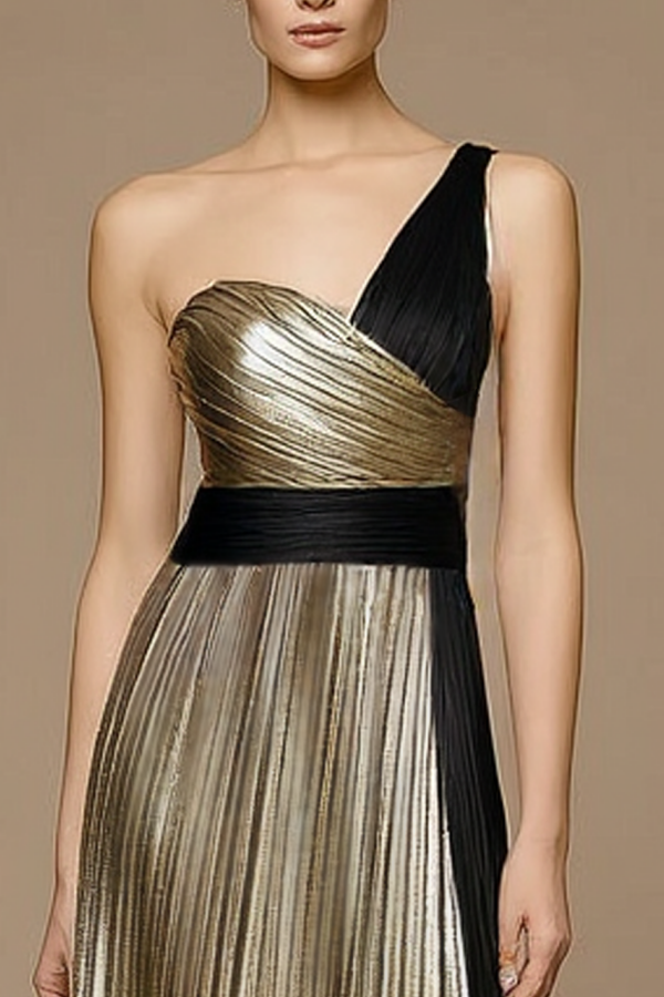 Formal ​Evening Dress Gold One Shoulder Pleated Maxi Dress