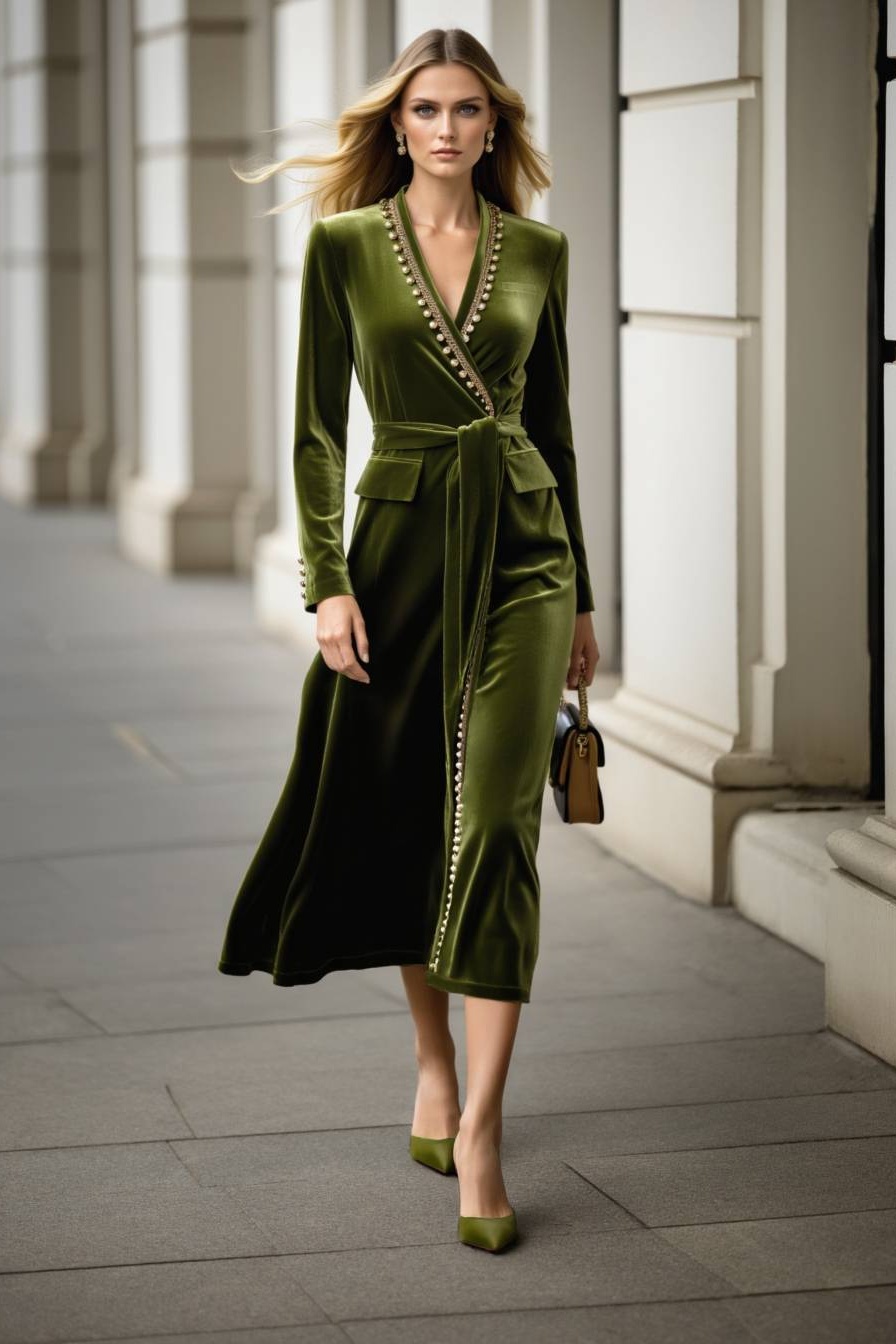 Work Velvet Dress Green V Neck Long Sleeve Midi Dress
