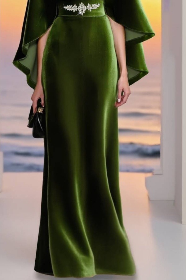Formal ​Evening Velvet Dress Green Crew Neck Maxi Dress