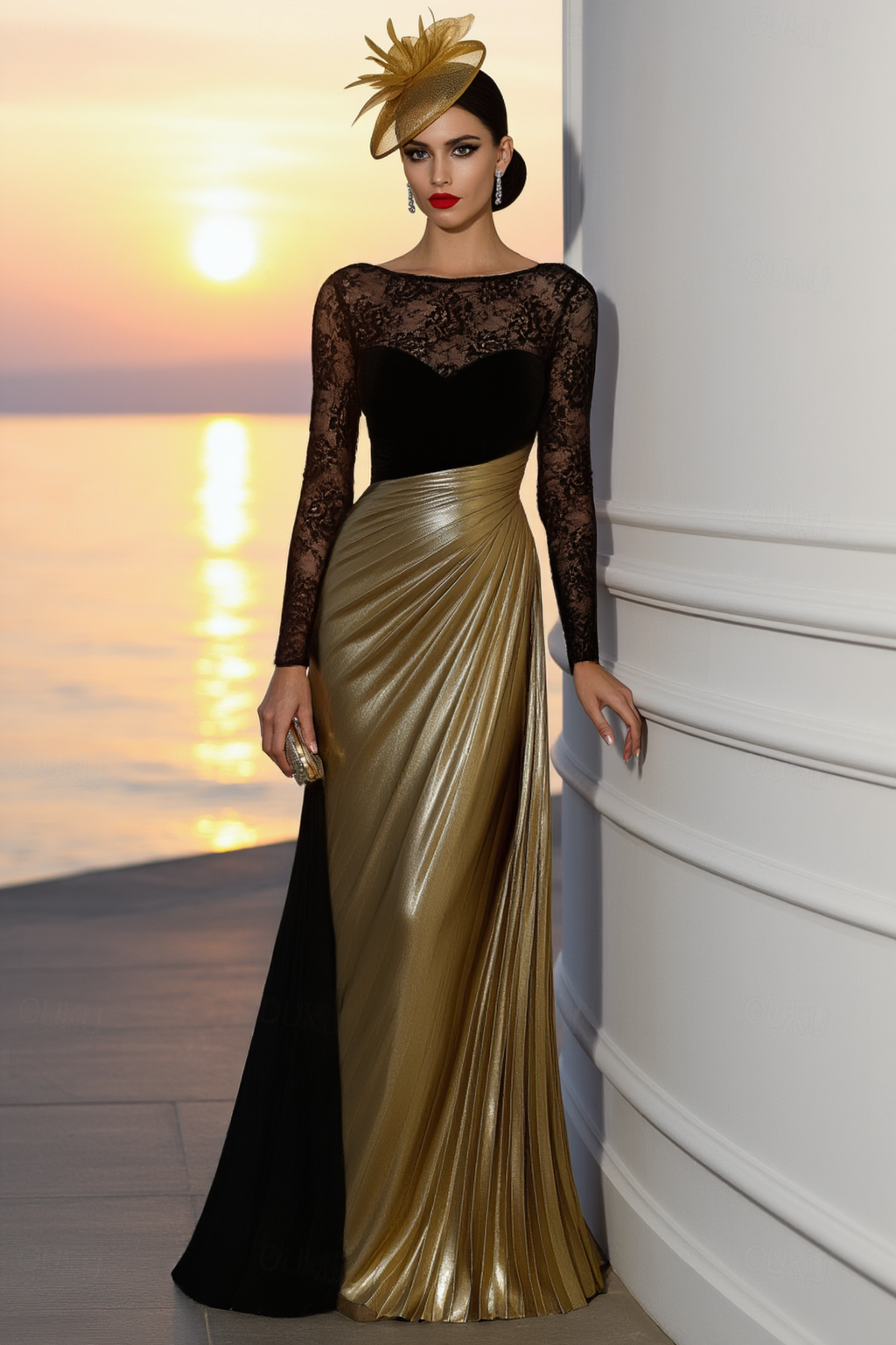 Formal ​Evening Dress Golden Crew Neck Lace Maxi Long Sleeve Dress