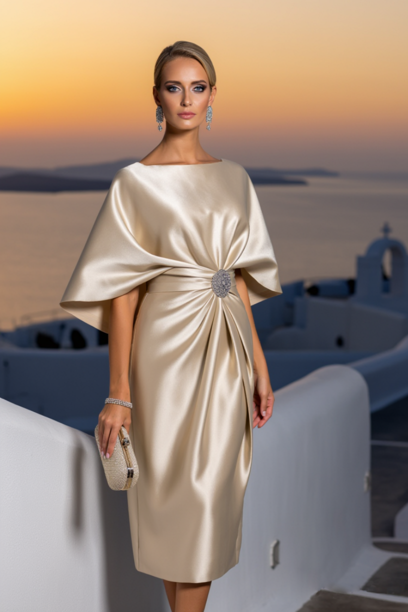 Cocktail Satin Dress Champagne Crew Neck Knee-Length Dress