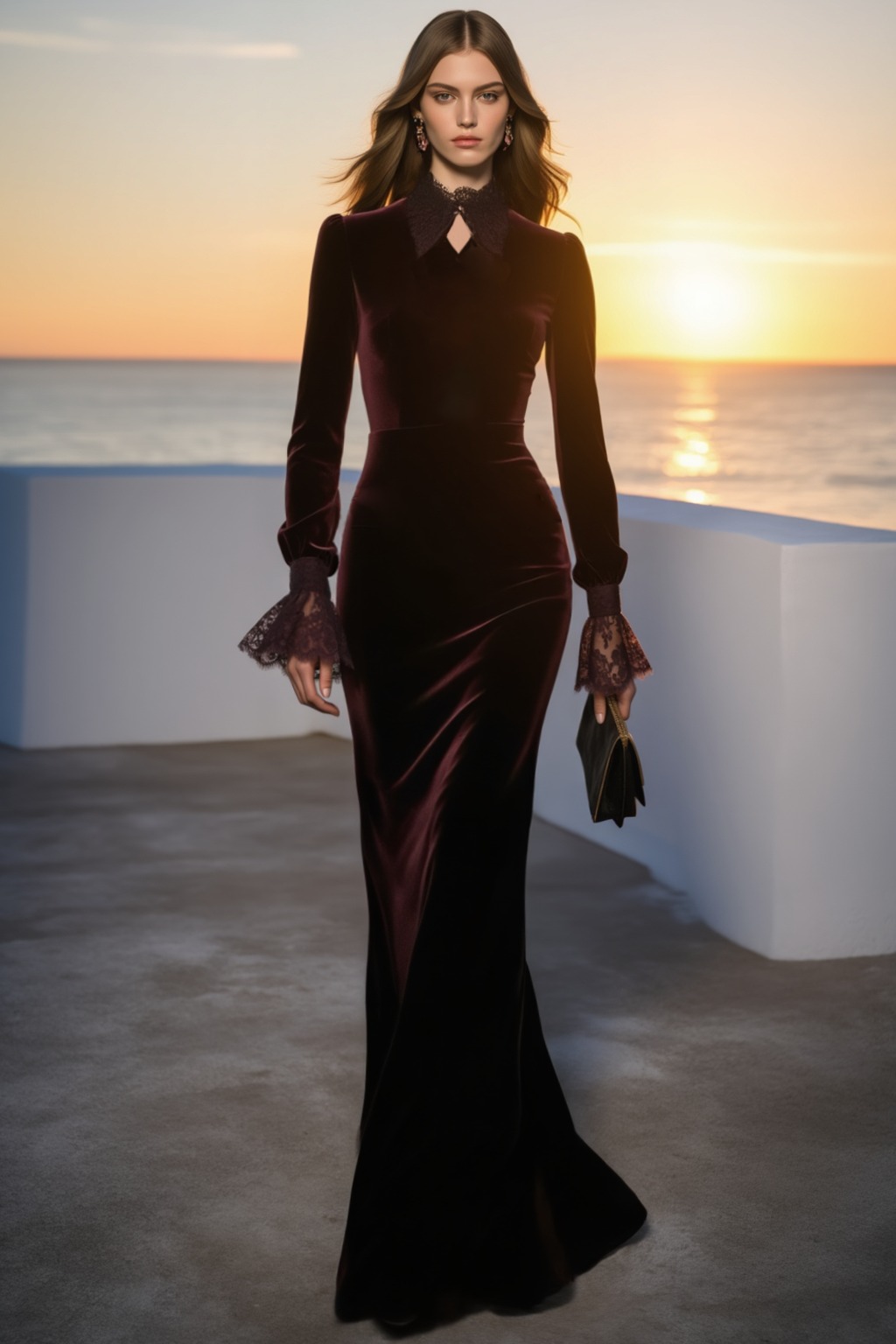 Formal Evening Burgundy Velvet Dress Long Sleeve Collared Maxi Gown