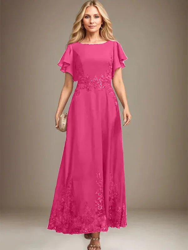 A-line Scoop Ankle-Length Lace Chiffon Mother of the Bride Dress With Sequins