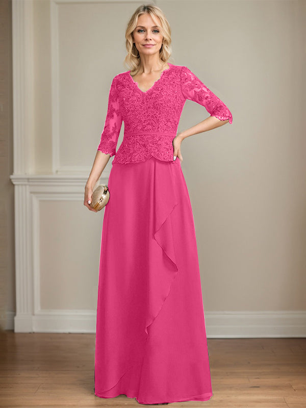 A-line V-Neck Floor-Length Lace Chiffon Mother of the Bride Dress With Cascading Ruffles Sequins