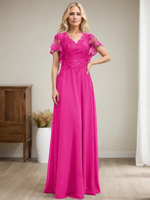 A-line V-Neck Floor-Length Lace Chiffon Mother of the Bride Dress With Sequins