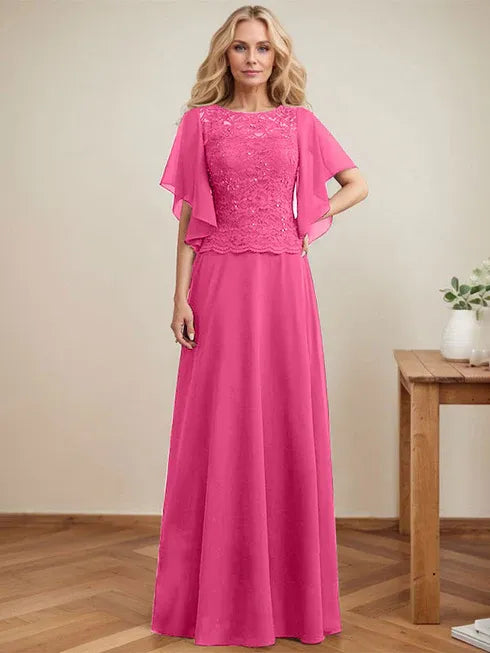 A-line Scoop Illusion Floor-Length Lace Chiffon Mother of the Bride Dress With Sequins