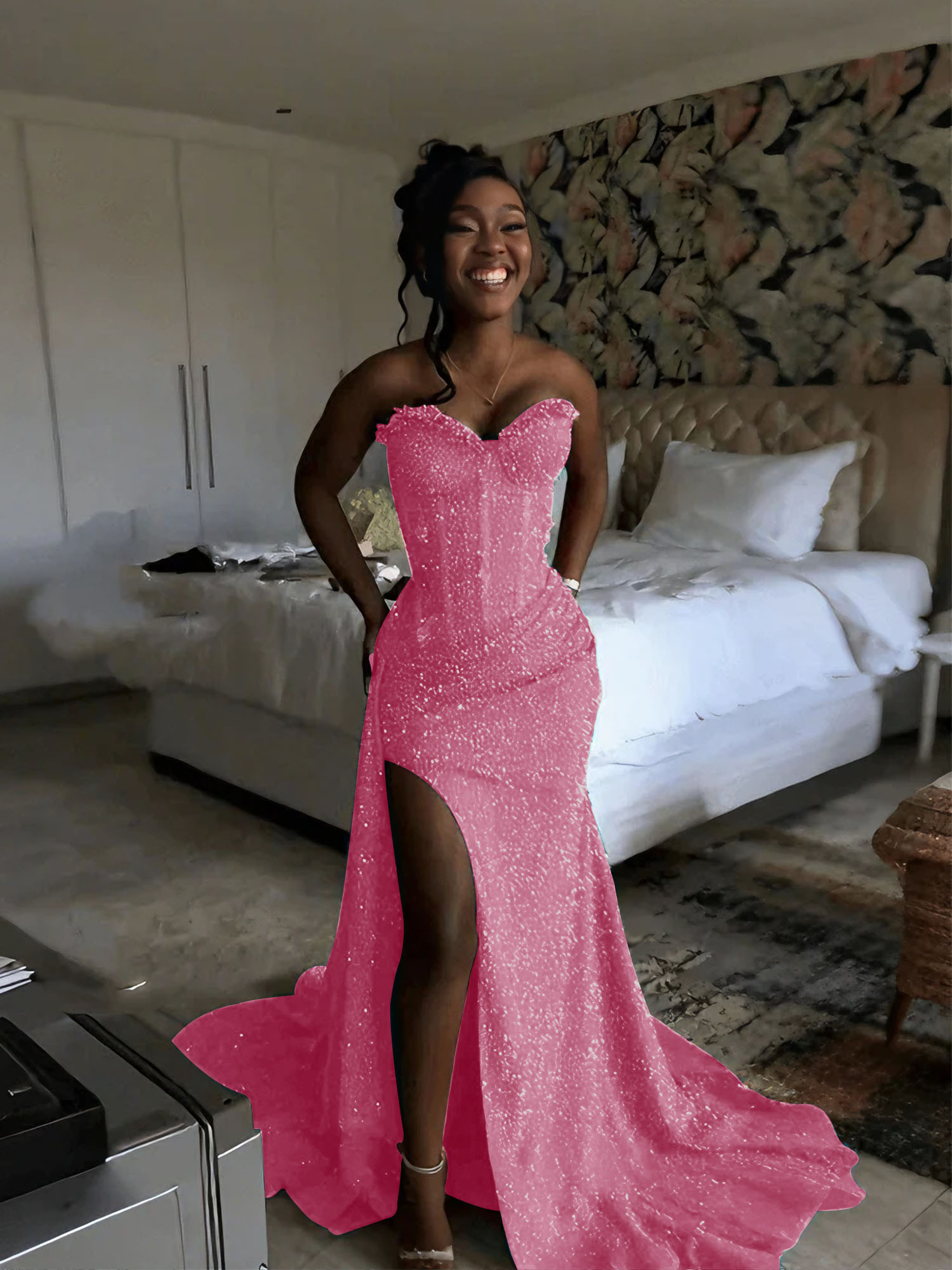 Glitter Strapless Mermaid Sequined Long Prom Dress with Slit