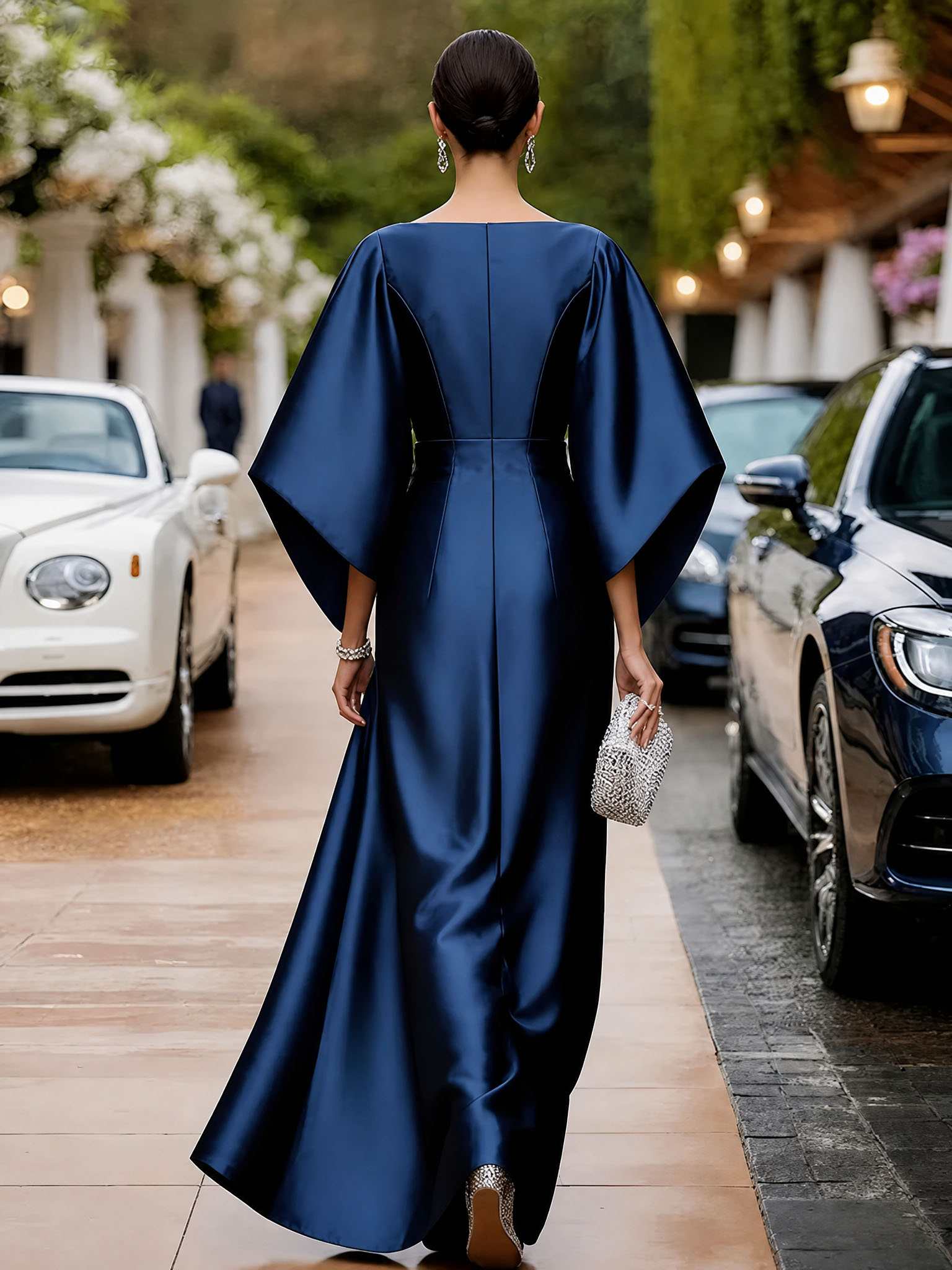 Blue Round Neck Satin Maxi Dress