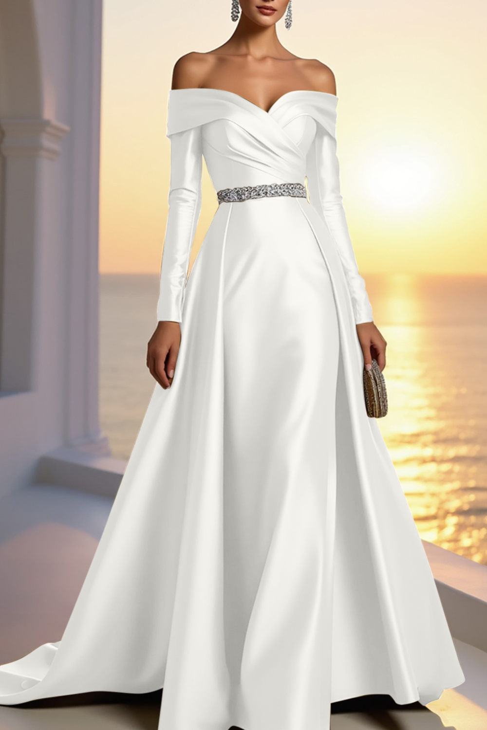 Formal Gold Satin Dress Off The Shoulder Long Sleeve Maxi Gown