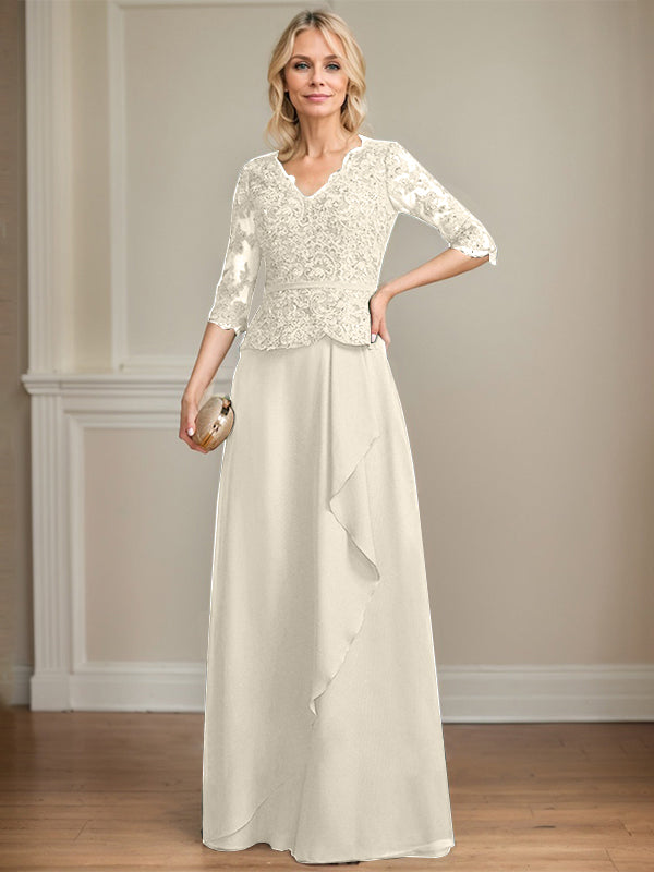 A-line V-Neck Floor-Length Lace Chiffon Mother of the Bride Dress With Cascading Ruffles Sequins
