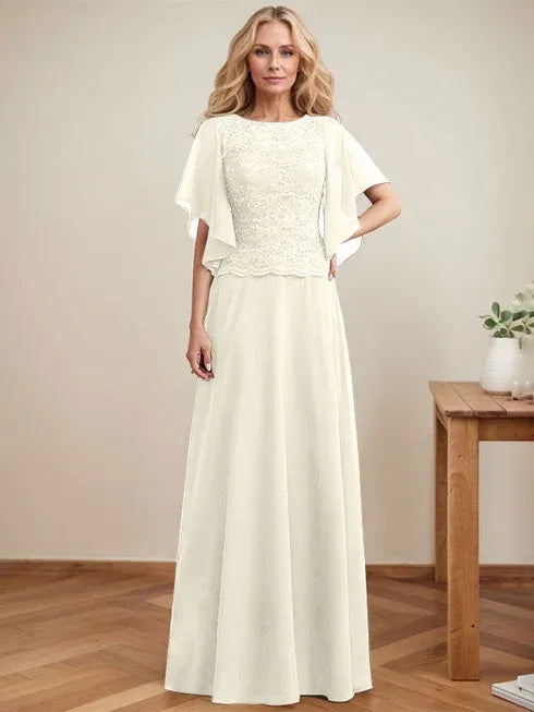 A-line Scoop Illusion Floor-Length Lace Chiffon Mother of the Bride Dress With Sequins