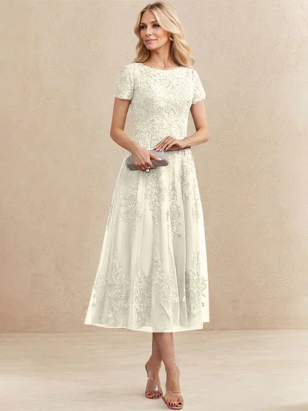 A-line Scoop Tea-Length Tulle Lace Mother of the Bride Dress