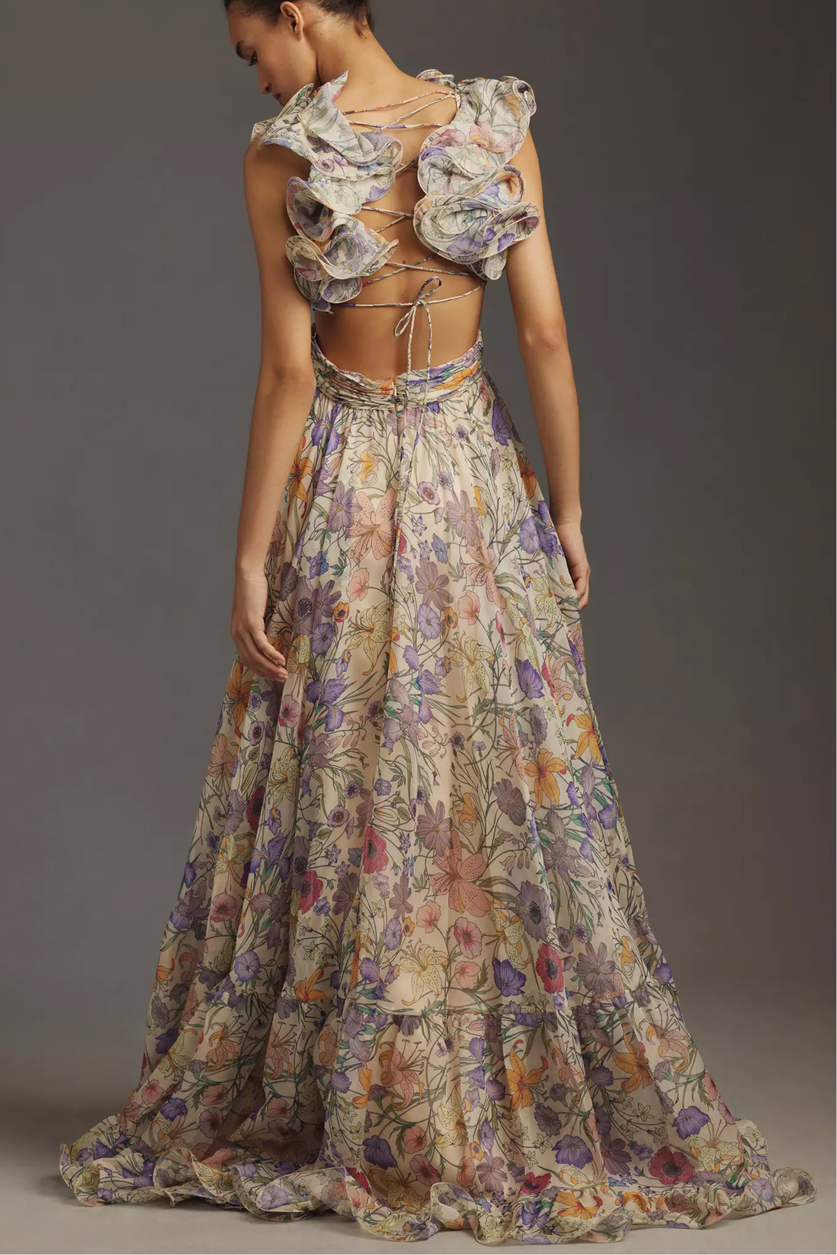 Floral Pleated Backless Lace Up Maxi Dress